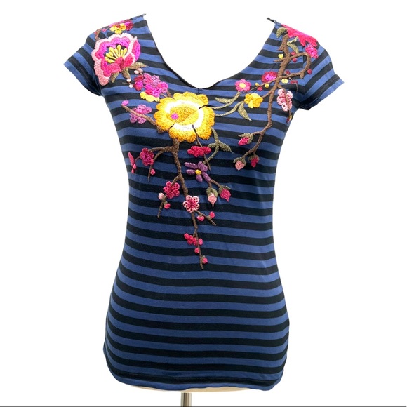 Johnny Was Tops - Johnny Was Striped Floral Embroidery LOVE Cap Sleeve V Neck Top